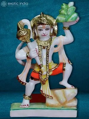 9" Hanuman Ji Lifted Mountain Statue | White Makrana Marble Statue
