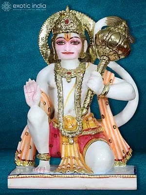 12" Hanuman In Blessing Pose Statue In Marble | Makrana Marble Statue