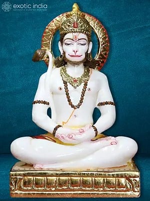 15" Lord Hanuman Meditation Positon Statue In Marble | White Makrana Marble Statue