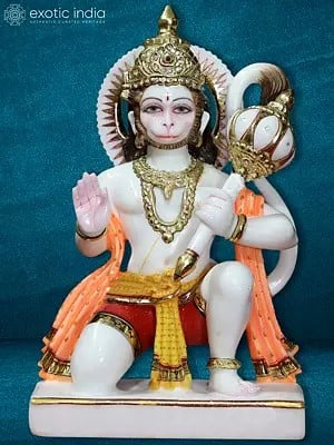 15" Hanuman Blessing Position Murti In Marble | White Makrana Marble Statue