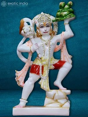 15" Multicolor Hanuman Ji Statue | White Makrana Marble Statue