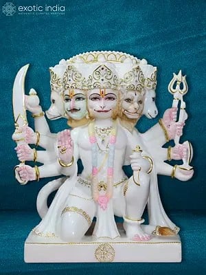 15" Five Face Hanuman Ji Sitting Murti | White Makrana Marble Statue