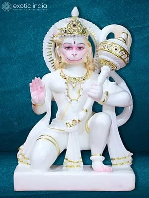 15" White Marble Ashirwad Hanuman Statue | Makrana Marble Statue