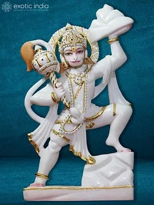 18" Veer Hanuman Carrying Mountain | Makrana Marble Statue