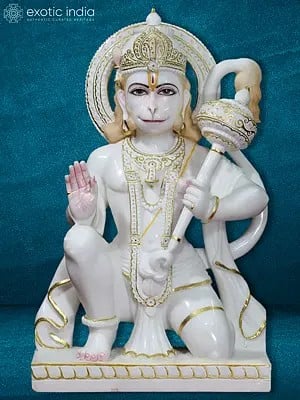 42" Pure White Ashirwad Pose Lord Hanuman | White Vietnam Marble Sculpture