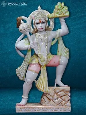 42" Multicolor Veer Hanuman Standing And Carrying Mountain | White Makrana Marble Sculpture