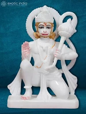 8" Pure White Blessing Pose Hindu God Hanuman | White Makrana Marble Sculpture