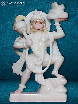 9" Hindu God Veer Hanuman Carrying Sanjeevani Mountain Sculpture | Makrana Marble Sculpture