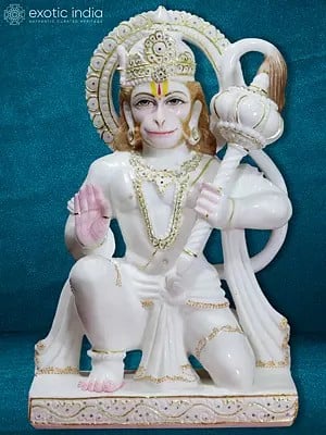 27" Hindu God Lord Pawan Putra Hanuman Sculpture | White Makrana Marble