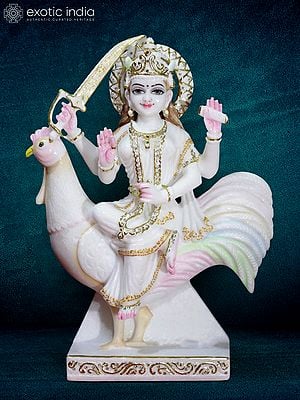 18" Goddess Bahu Charani Seated On Cock | Super White Makrana Marble