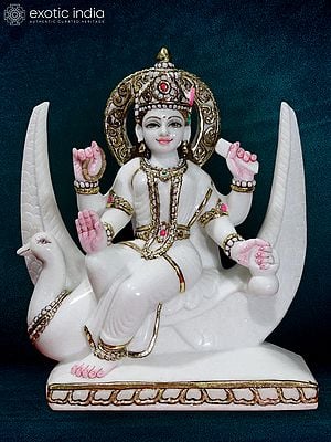 15" Goddess Brahmani With Four Arms Statue | Super White Makrana Marble