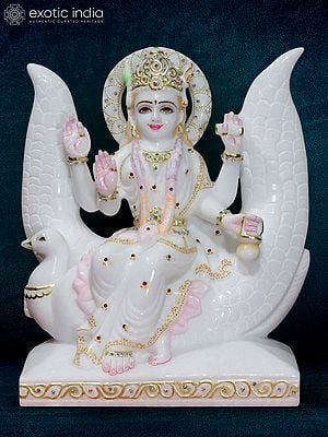 15" Goddess Brahmani Seated On Swan Idol | Super White Makrana Marble