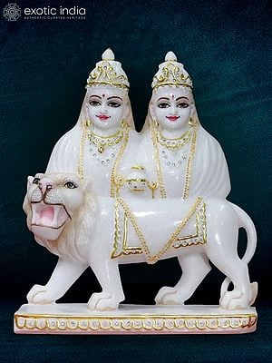 12" Goddess Chamunda Statue With Lion | Super White Makrana Marble