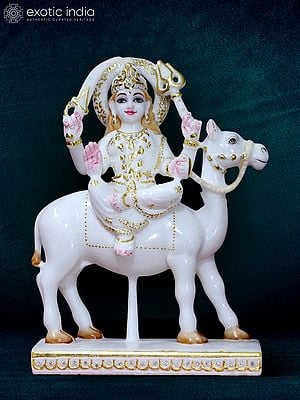 12" Statue Of Goddess Dasha Seated On Camel | Super White Makrana Marble