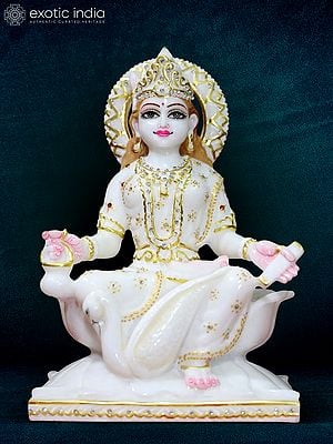 12" Idol Of Goddess Gayatri Seated On Lotus With Swan | Super White Makrana Marble