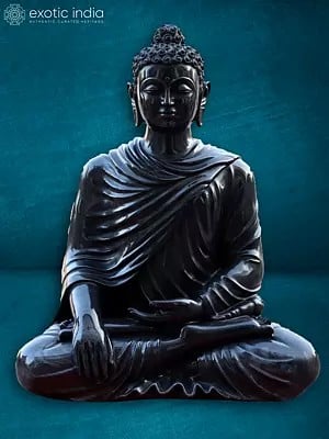 36" Lord Buddha Idol In Bhumisparsha Mudra | Black Marble Statue