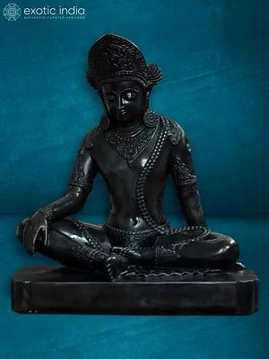 30" Seated Buddha In Meditation With Ornaments | Black Marble Idol