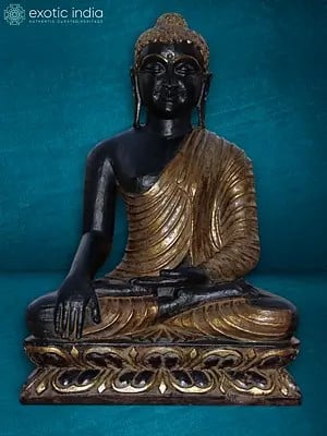 30" Seated Buddha Statue In Bhumisparsha Mudra | Black Marble Figurine
