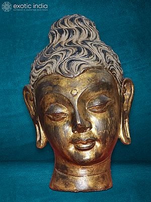 15" Lord Buddha Head Statue With Golden Touch | White Sand Stone Idol
