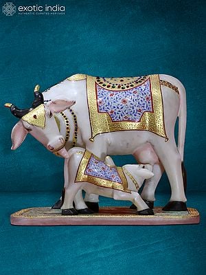 13" Attractive Statue Of Kamdhenu Cow With Calf | White Marble Statue For Home