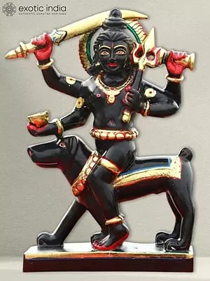 12" Multicolor Kaal Bhairav Statue For Temple | Rajasthan Black Marble Statue