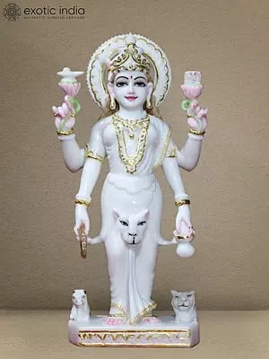 15" White Traditional Marble Statue Of Maa Parvati | White Makrana Marble Statue