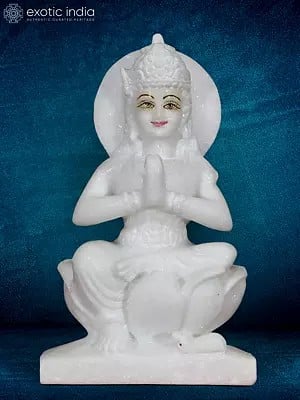 12" Parvati Mata Sitting On Lotus Statue For Worship | White Makrana Marble Statue