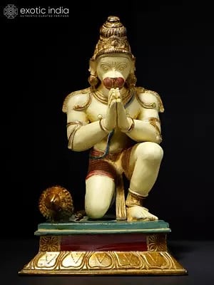 12" Colorful Lord Hanuman Seated in Namaskar Gesture | Brass Statue
