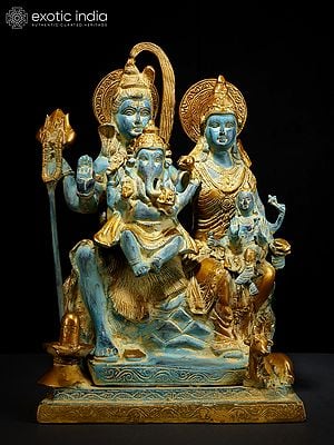 18" Blue and Golden Colored Shiva Family Statue in Brass