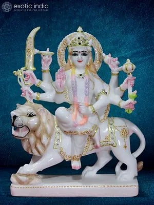 12" Seated Durga Maa On Lion | Decorated With Rhinestone