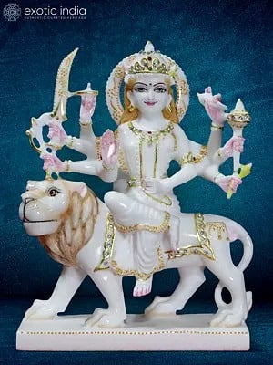 12" Hand-Carved Durga Maa White Marble Statue