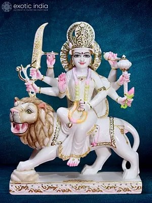 18" Elegant Durga Maa Statue Made From White Marble