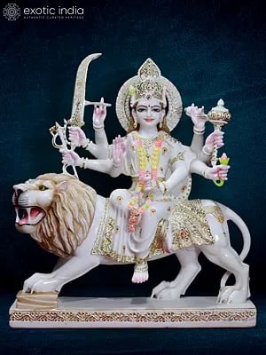 30" Large Durga Maa Statue Seated On Lion In Marble