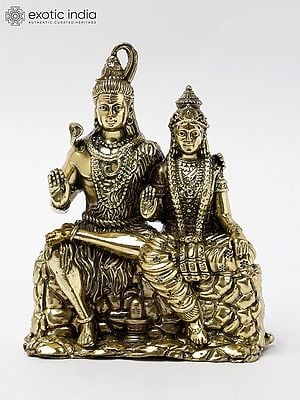 4" Small Superfine Shiva Parvati Brass Statue Seated in Blessing Gesture