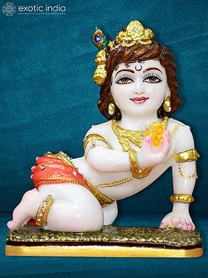 8" Colorful Statue Of Bal Gopal | Super White Makrana Marble Statue