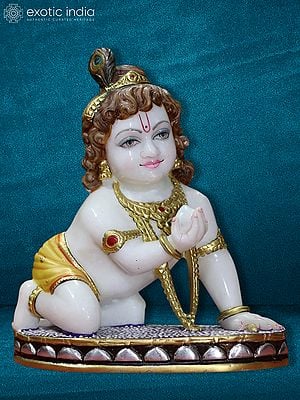 12" Idol Of Bal Krishna Holding Butter In Hand | Super White Makrana Marble Statue