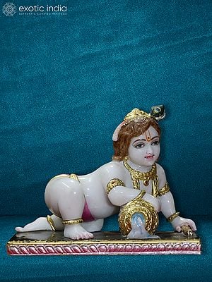 14" Bal Gopal Kanha Statue With Matki | White Makrana Marble Statue
