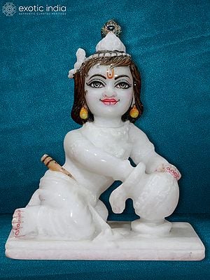 7" Statue Of Bal Krishna Stealing Butter | Super White Makrana Marble Statue
