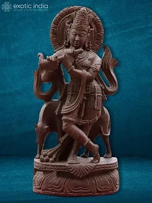 30" Standing Fluting Krishna With Cow | Sand Stone Statue