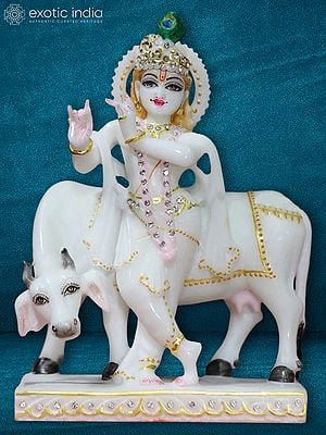 8" Attractive Kanha With Cow | Super White Makrana Marble Statue