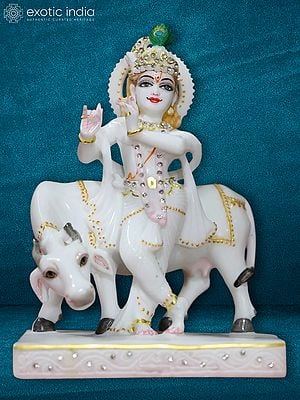 9" Statue Of Lord Krishna With Shiny Crown | Super White Makrana Marble Statue