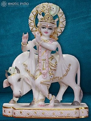 15" Standing Krishna In Flute Posture | Super White Makrana Marble Statue