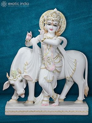 30" Idol Of Krishna With Attractive Eyes | Super White Vietnam Marble Statue