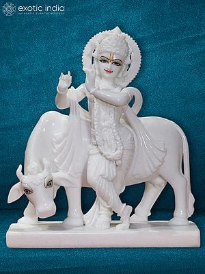 15" Lord Kanha With Holy Cow | Super White Makrana Marble Statue