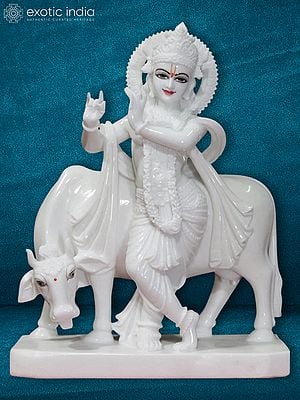 24" Statue Of Divine Lord Krishna | Super White Vietnam Marble Statue