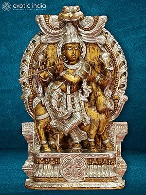 37" Large Standing Krishna On Throne With Cow | Wood Statue With Carving | Wood Statue