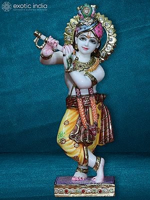 15" Lord Krishna With Turban | White Makrana Marble Statue