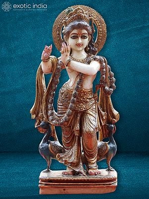 18" Fluting Krishna With Two Peacocks | Super White Vietnam Marble Statue