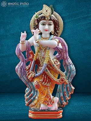 18" The Lord Krishna Enchanter Of The Universe | Super White Vietnam Marble Statue