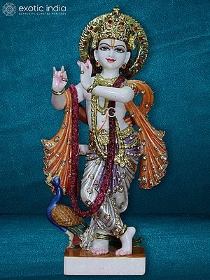 18" Bansuriwala Krishna With Peacock | White Vietnam Marble Statue